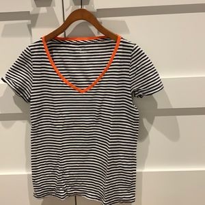 J Crew Vintage Cotton deep V-Neck Size small Navy and white stripe orange trim